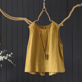 文艺百搭后燕尾摆圆领套头背心马甲女夏季 凉爽100%亚麻纯色打底衫