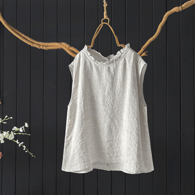 夏宽松圆领木耳边100%亚麻背心女