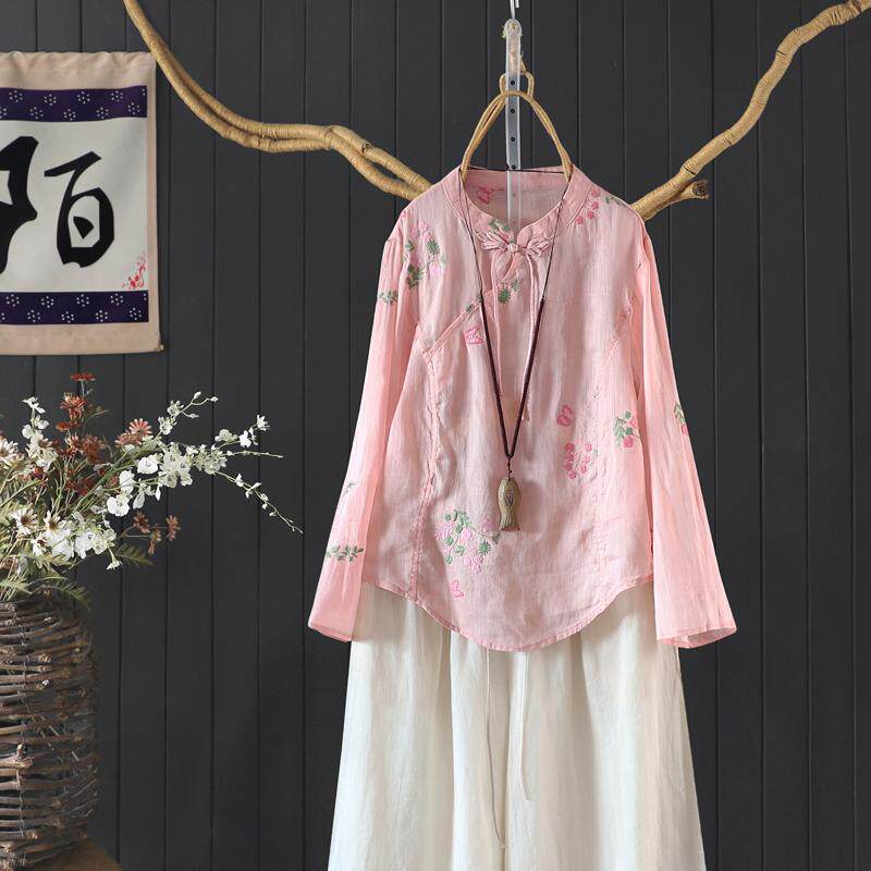 新中式显瘦刺绣100%苎麻茶服小衫