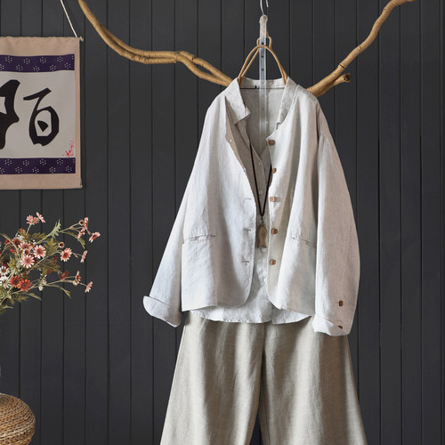 25秋圆领长袖100%亚麻开衫外套女