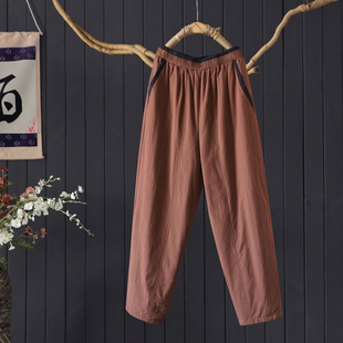 长裤 撞色口袋松紧腰棉裤 女 一体式 通勤百搭夹棉加厚全棉哈伦小脚裤