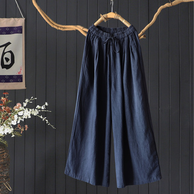 复古做旧纯色加长长裤阔腿裤麻裤