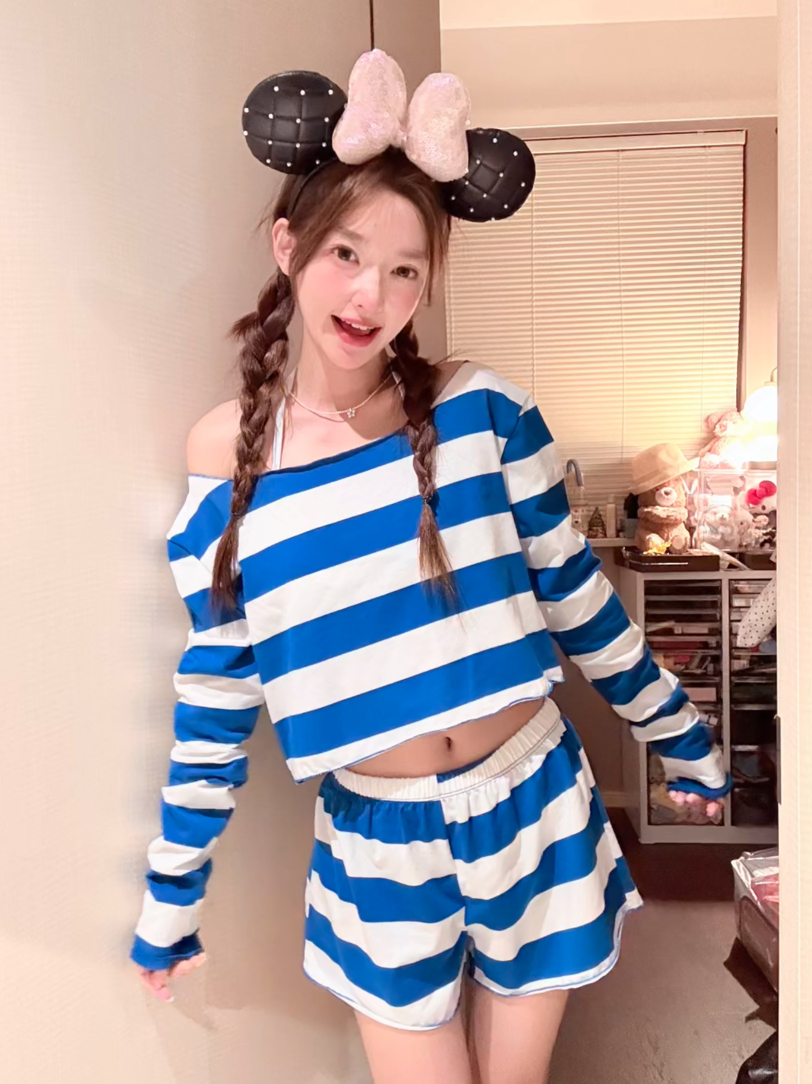 海军系列条纹罩衫长袖防晒遮肉短裤保守比基尼四件套分体泳衣女