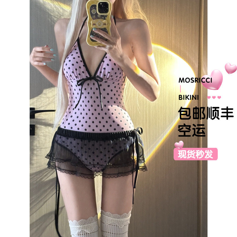 波点粉色连体泳衣女韩版女团保守性感蕾丝屁帘芭蕾风吊带美背玩水
