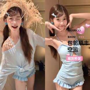 韩版 遮肚显瘦度假拍照荷叶边可爱少女学生保守 连体泳衣女2025新款