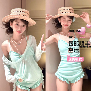 韩版少女连体泳衣女保守修身显瘦花边罩衫防晒遮肉学生显白小清新
