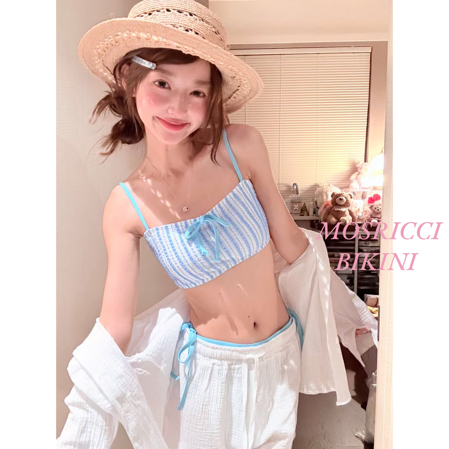 白色长袖宽松衬衫短裤亚麻透气分体泳衣女比基尼蓝色度假沙滩玩水
