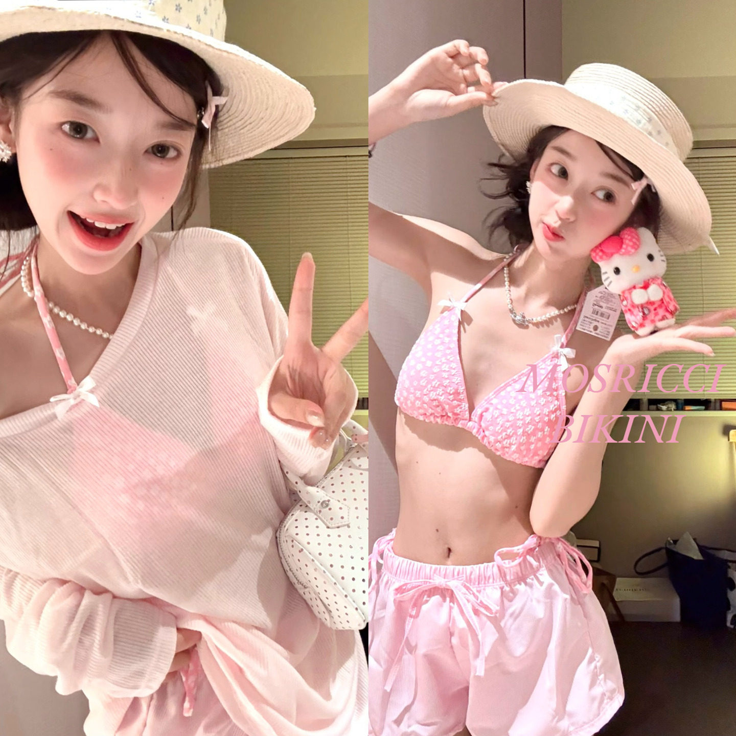 小清新碎花泰国粉色比基尼蝴蝶结罩衫短裤保守少女遮肉分体泳衣女