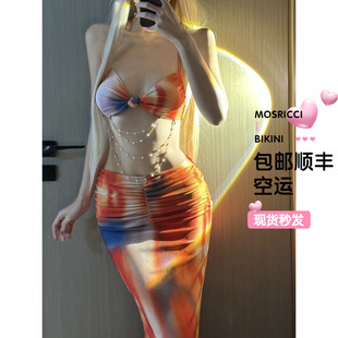 泰国性感比基尼分体泳衣女纯欲辣妹度假长裙包臀显瘦遮肚海边夕阳