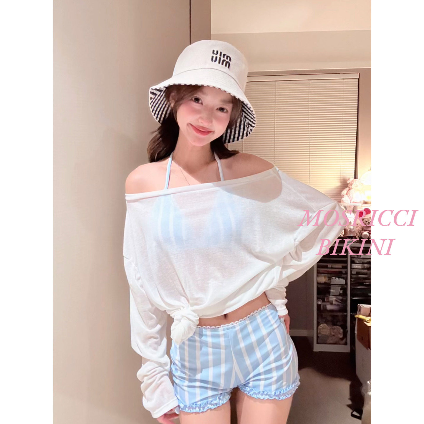 泰国韩版条纹蓝色平角裤分体泳衣女比基尼罩衫宽松微透露肩防晒