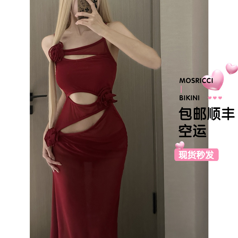 女神性感镂空红色泳衣沙滩裙