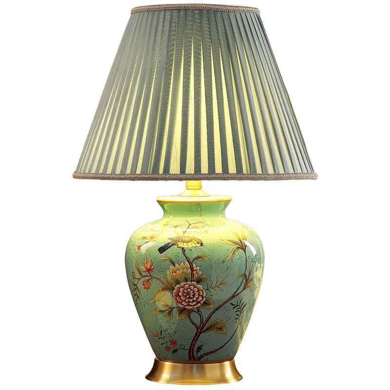 蓝色复古台灯美式乡村全铜陶瓷台灯客厅卧室床头台灯落地灯花鸟灯