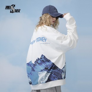 PCMY潮牌春夏雪山圆领美式套头卫衣情侣街头宽松嘻哈OS百搭上衣