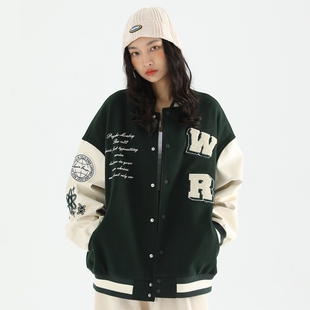 PCMY潮牌春夏美式 复古毛呢拼接棒球服嘻哈宽松街头夹克休闲外套