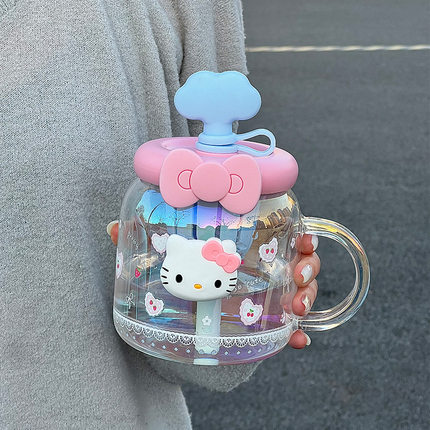 西纹HelloKitty玻璃杯女生高颜值2025新款大容量带吨吨吸管大肚杯