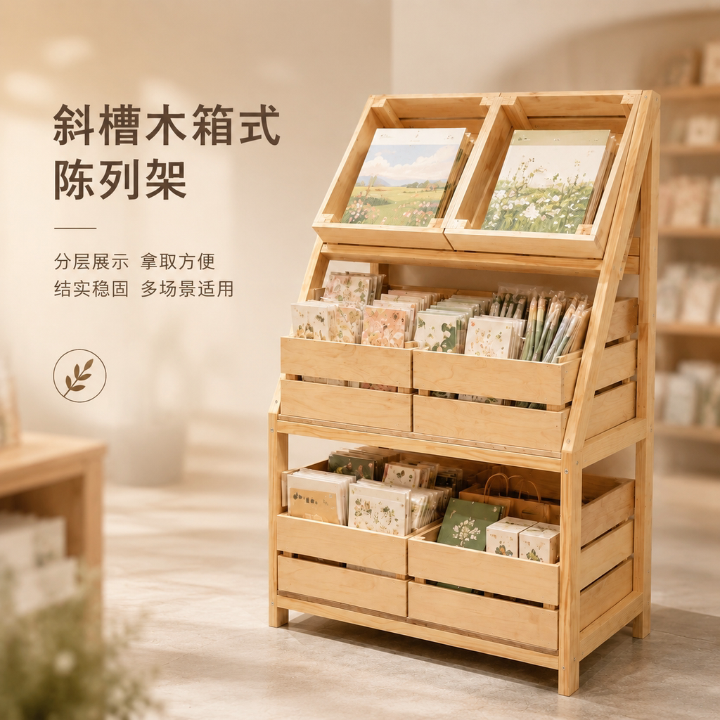 原木风展示台梯形置物架带抽屉收纳筐超市面包店货架样品陈列柜图片