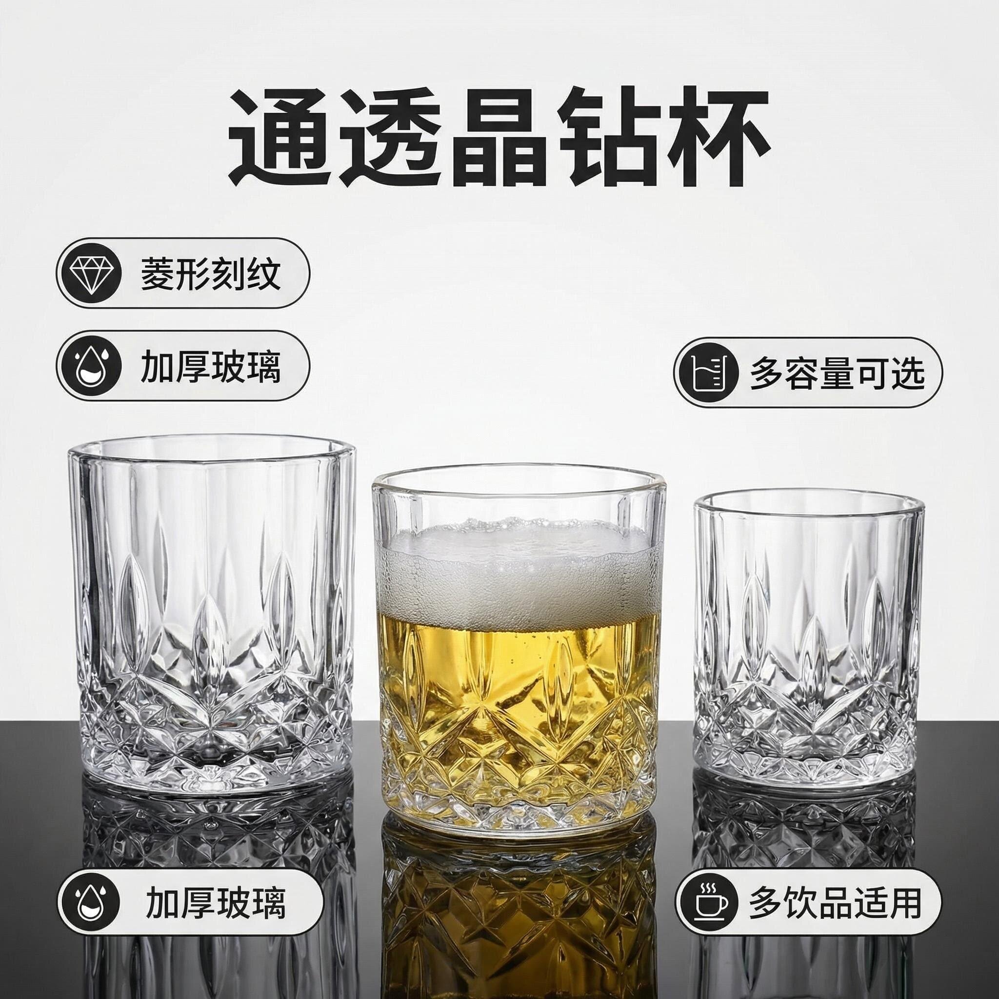 透明水晶加厚刻纹威士忌玻璃杯图片