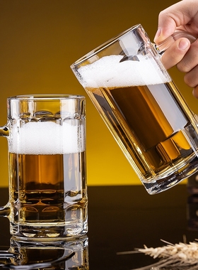 整箱48只扎啤杯带把玻璃茶杯烧烤店饭店大排档专用啤酒杯英雄杯