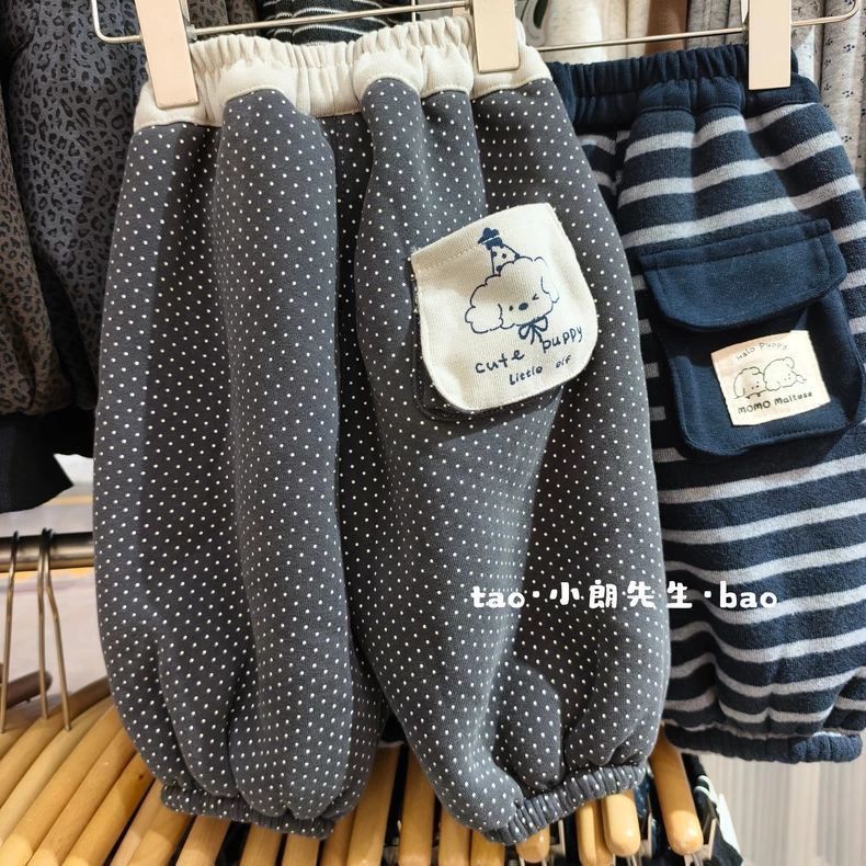 儿童加绒裤子羊羔绒秋冬装新款韩版韩系条纹男女宝宝休闲运动裤子