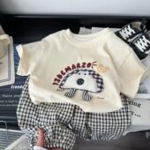 新款 男童立体短袖 夏季 套装 卡通可爱超萌衣服女宝宝两件套 格子裤