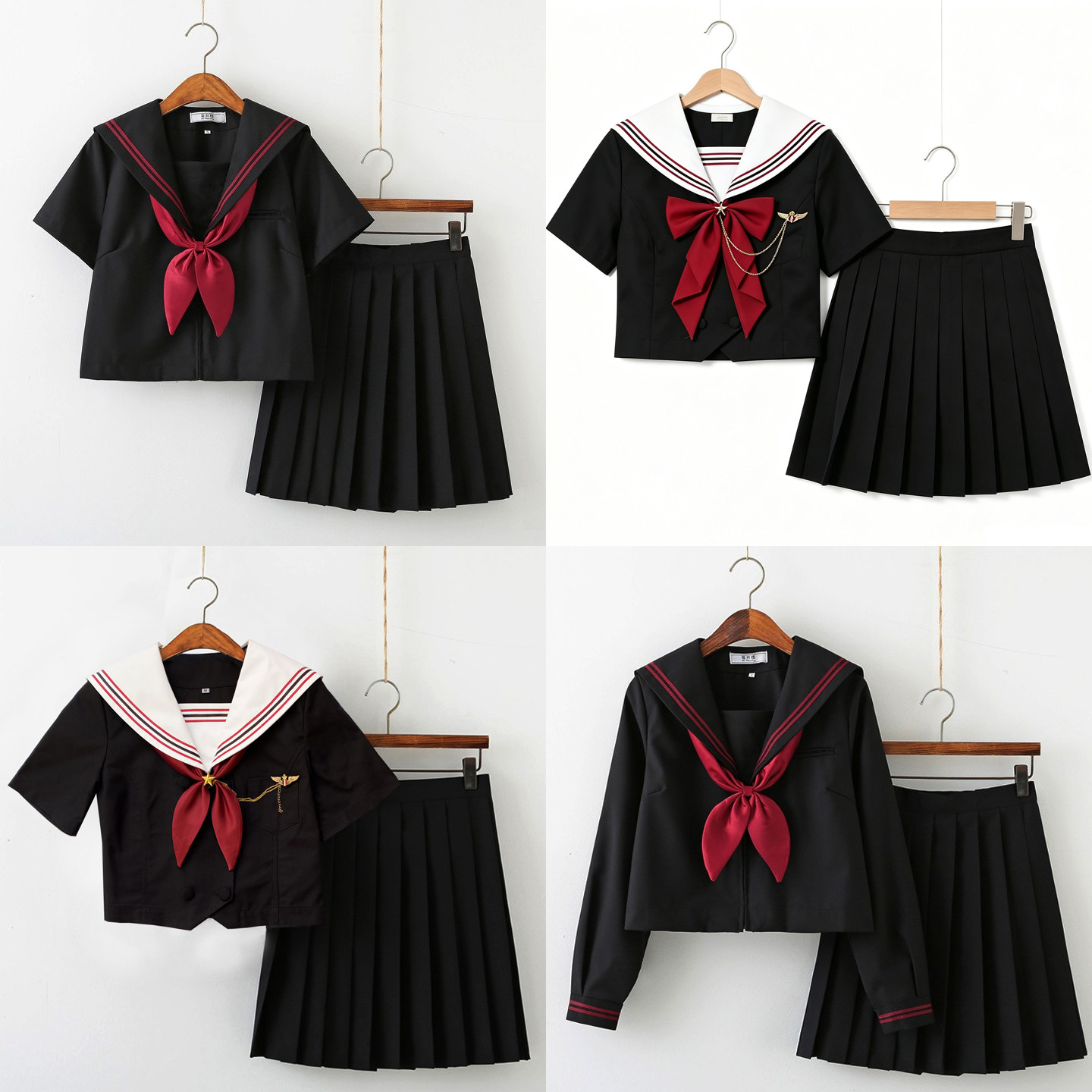 日系原创黑色JK制服水手服女学生红二本线百褶裙jk学院风校服套装