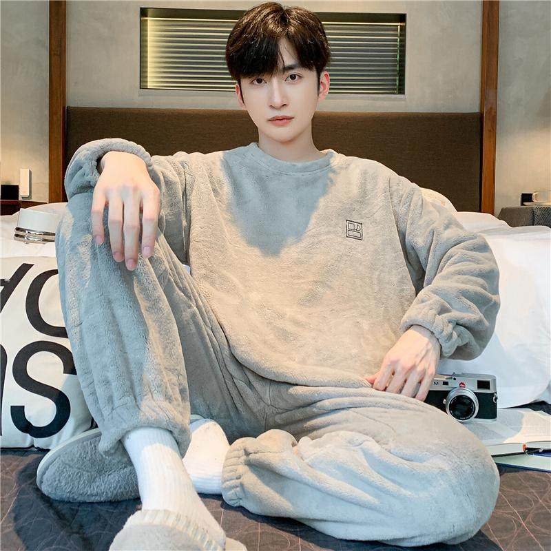 秋冬季珊瑚绒男士睡衣加厚加绒法兰绒青少年家居服冬天保暖男套装