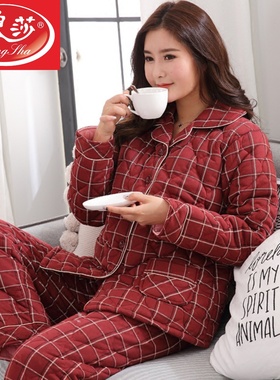 冬季夹棉睡衣女纯棉长袖三层加厚棉袄冬天保暖妈妈家居服全棉套装