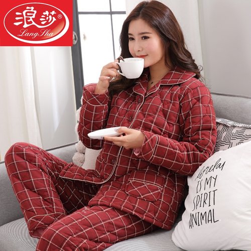 冬季夹棉睡衣女纯棉长袖