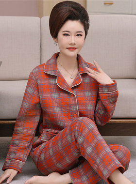 老年人睡衣女秋冬加厚纯棉夹棉中年妈妈冬季空气棉夹层家居服套装