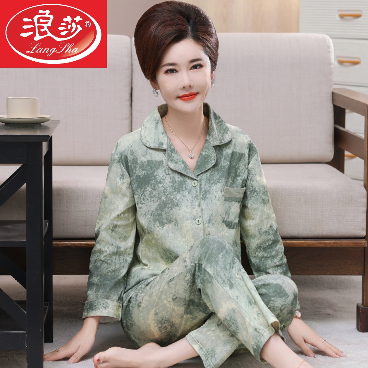 睡衣女春秋款中年妈妈纯棉长袖开衫中老年薄款全棉大码家居服套装