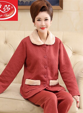 中年妈妈夹层睡衣女春秋冬季纯棉长袖空气棉中老年加厚保暖家居服
