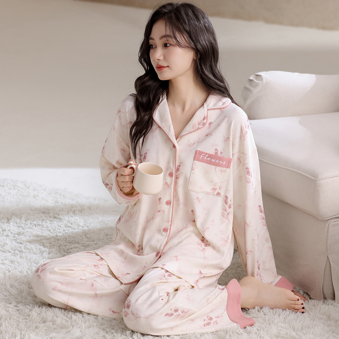 浪莎纯棉长袖睡衣春秋季女士2026新款外穿家居服秋冬开衫薄款套装