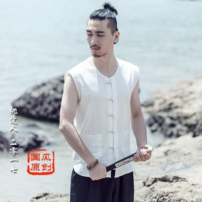中国风盘扣男亚麻唐装衬衣中式复古胖子背心休闲无袖棉麻衬衫大码
