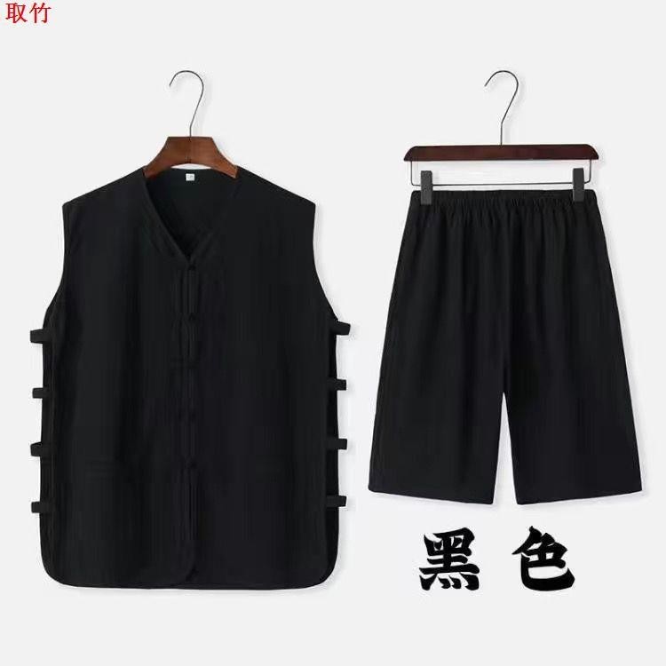 夏季亚麻汗衫老北京马甲陕北汗衫男中式无袖背心坎肩盘扣国风套装