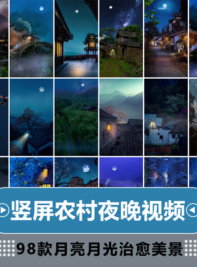 竖屏农村夜晚傍晚治愈系乡村房子小路道夜景色月光月亮短视频素材