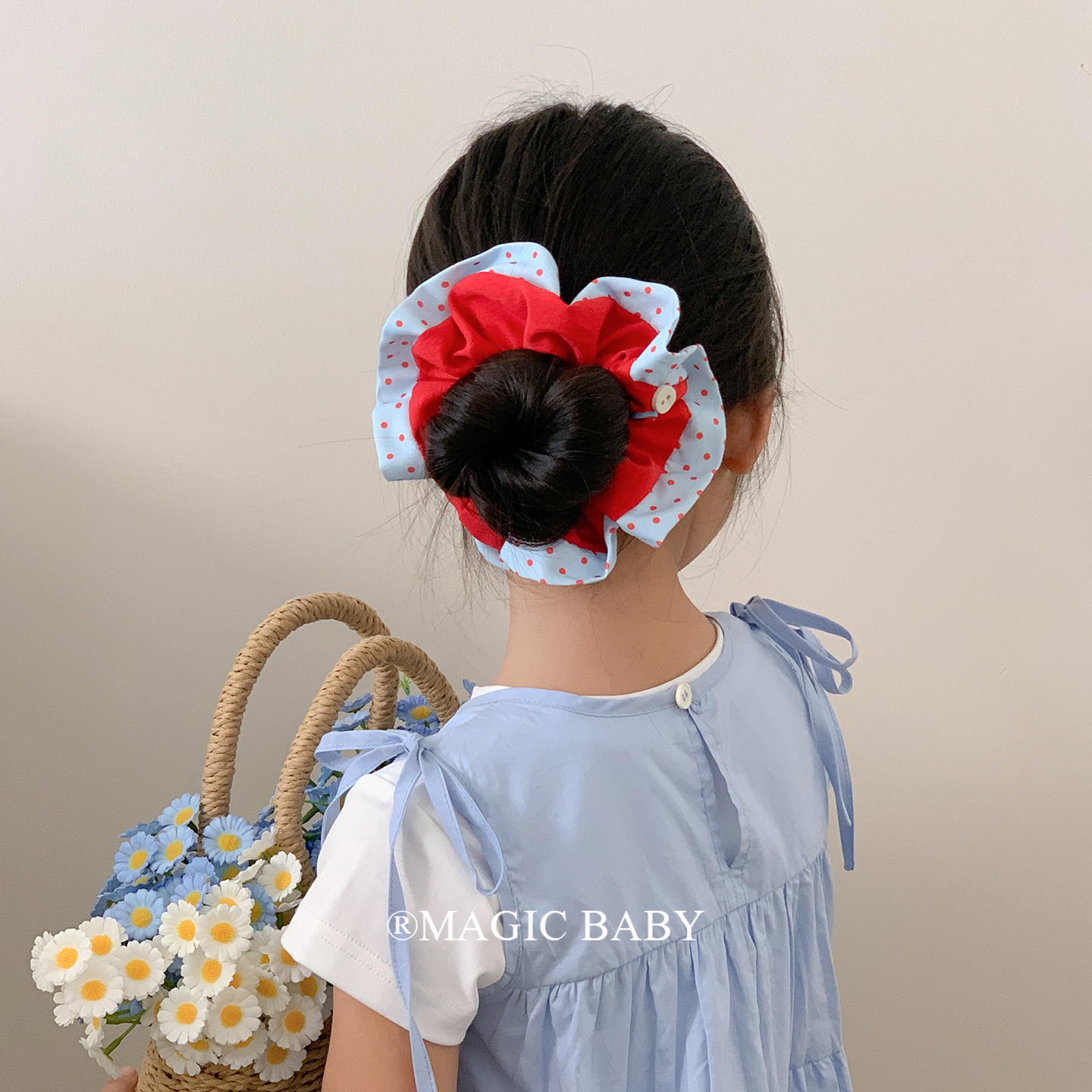 韩系高级感红蓝色波点大肠发圈