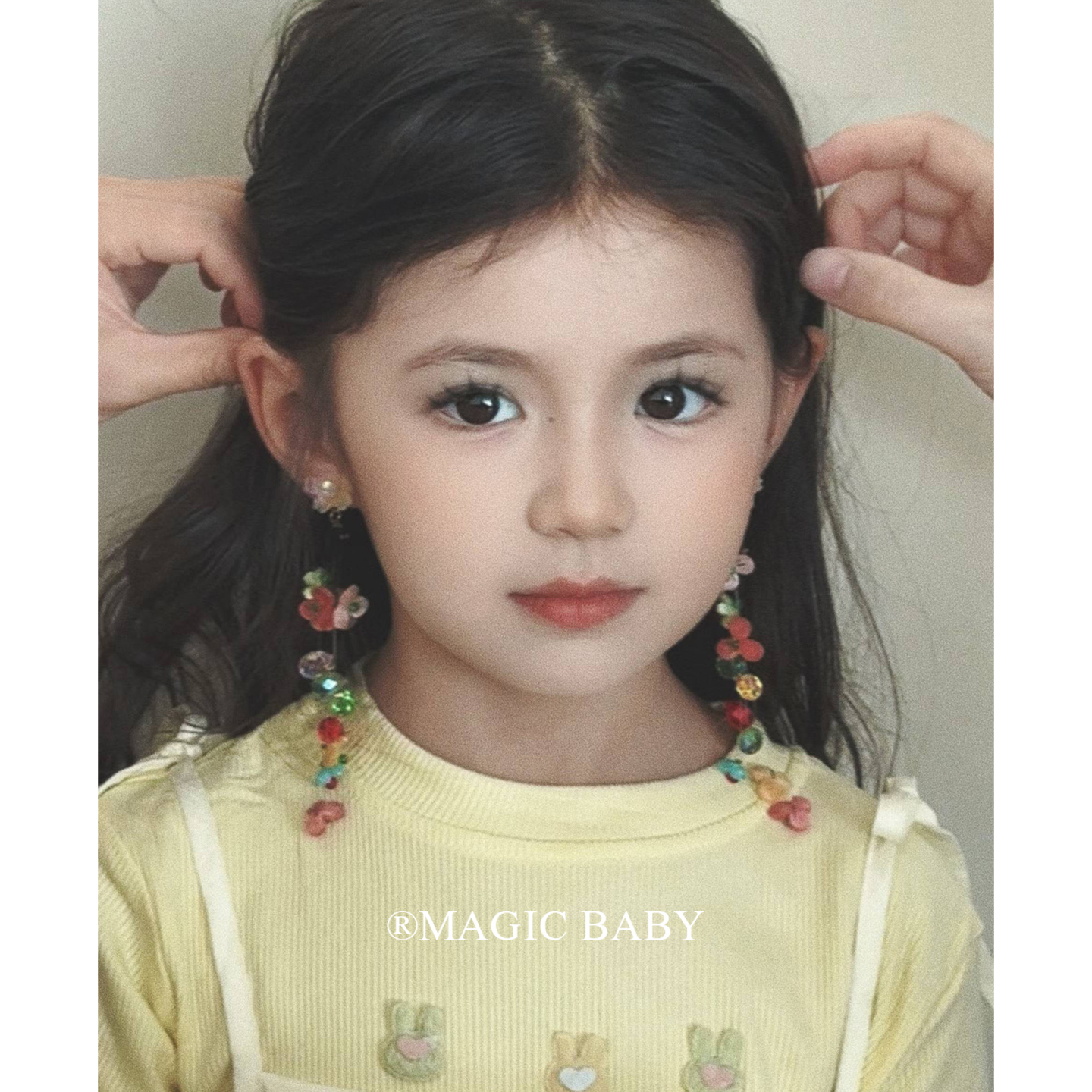 艾迪同款儿童超仙彩色花朵流苏串珠无耳洞防痛耳夹甜美耳环耳饰女