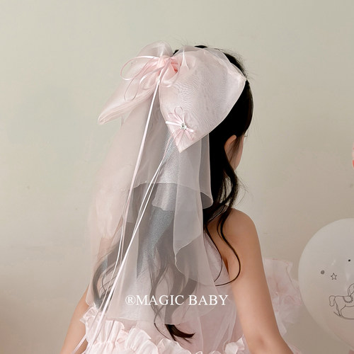 六一儿童节公主裙头纱发夹超仙网纱蝴蝶结发卡宝宝生日花童头饰女