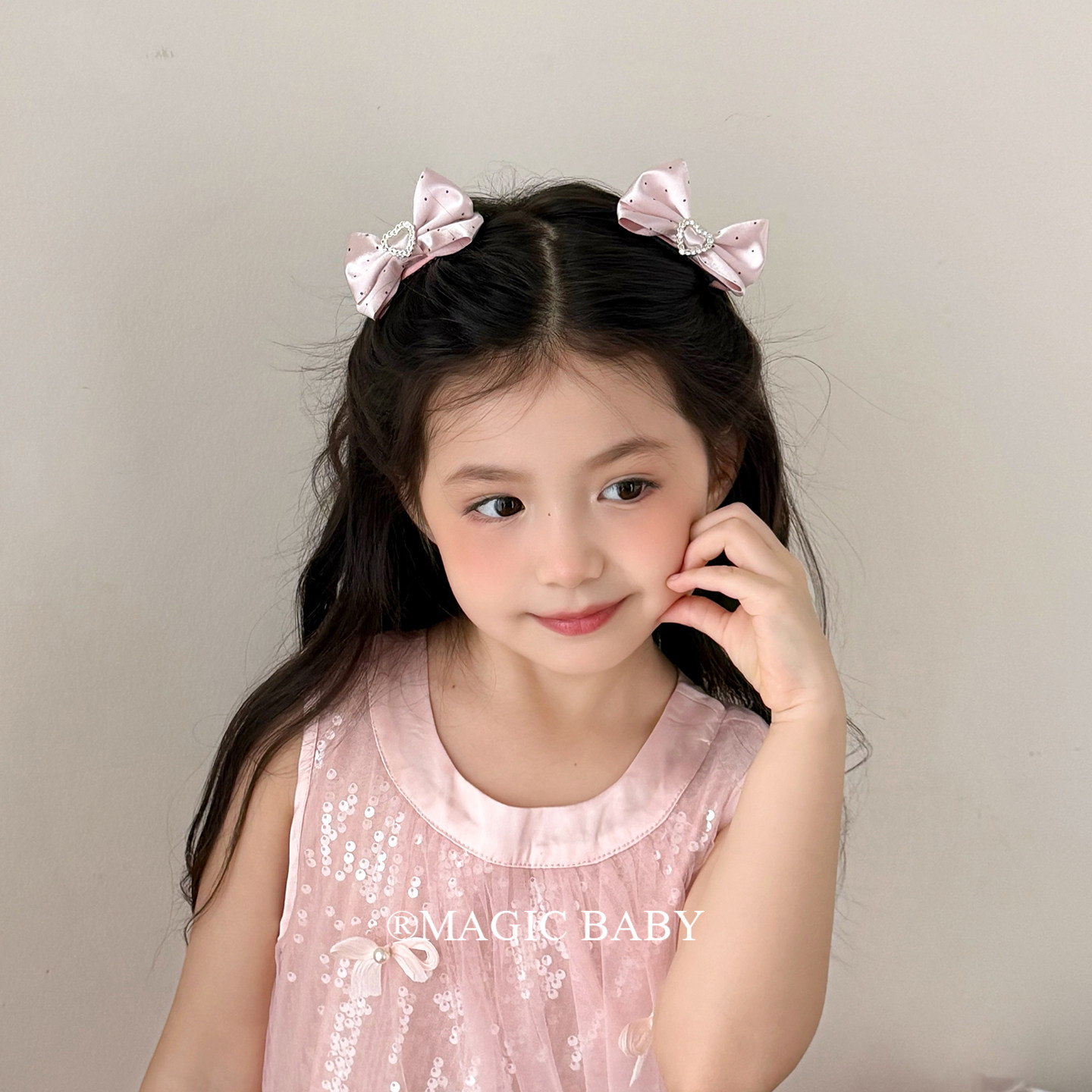 粉色缎面小波点皇冠蝴蝶结发夹立体公主风夹子女童发圈皮筋发饰