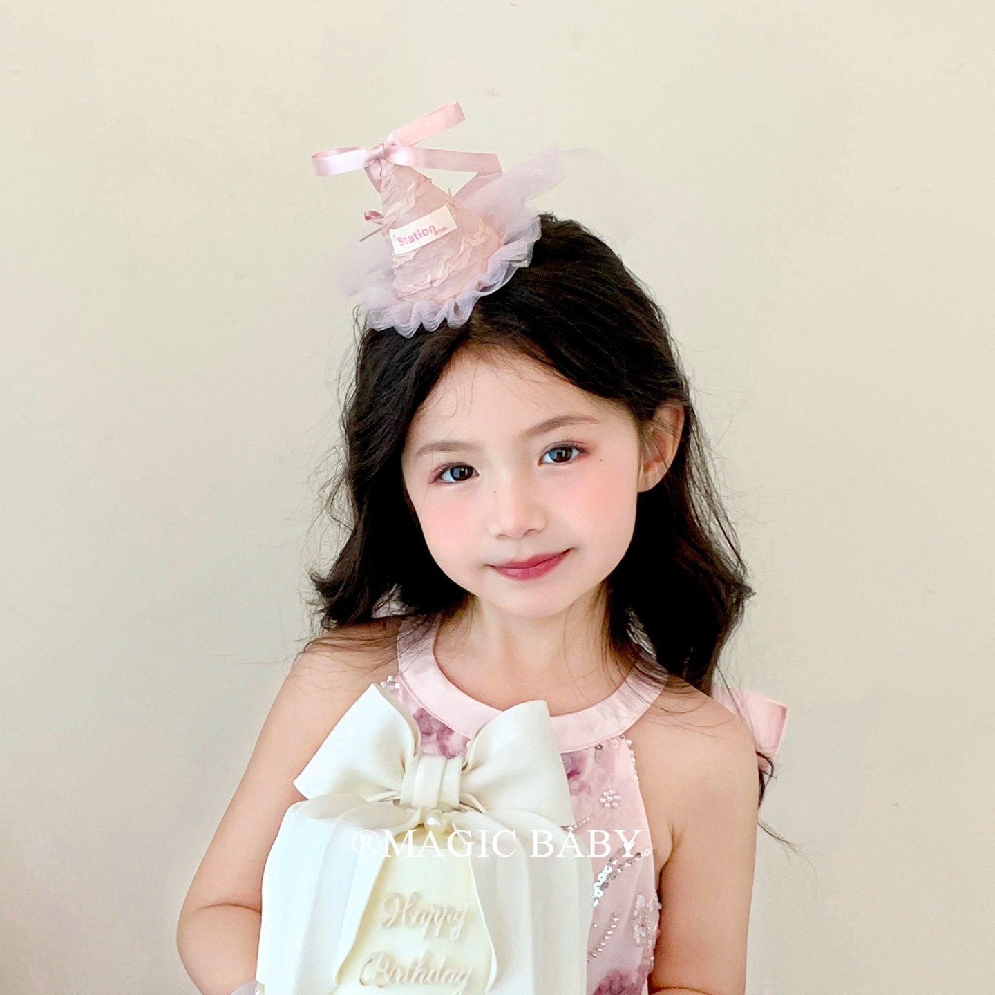 粉色小号网纱蝴蝶结生日帽发夹小女孩生日头饰拍照道具发卡夹子