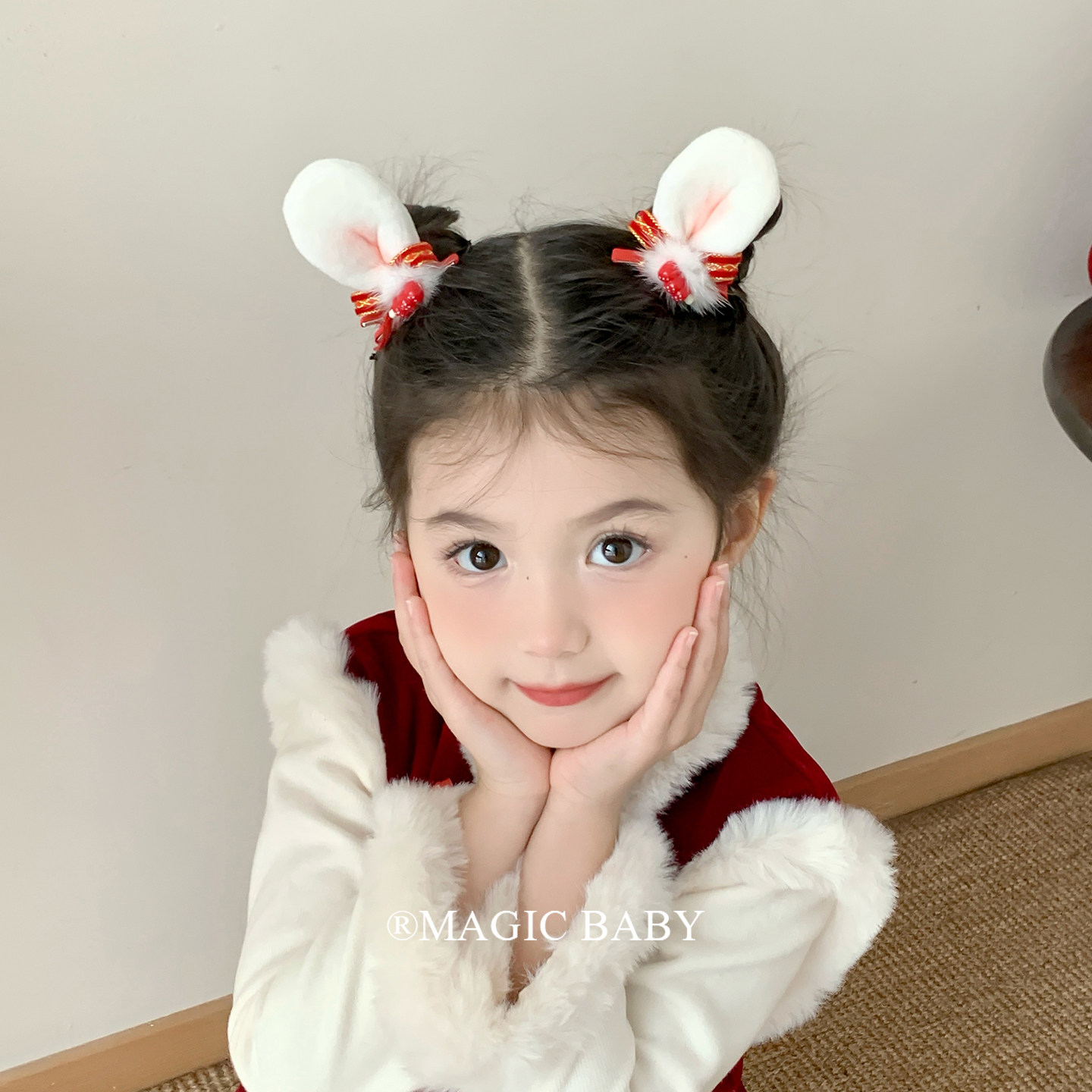 儿童立体毛绒兔耳朵发夹糖葫芦蝴蝶结新年发饰可爱小女孩过年夹子