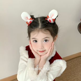 儿童立体毛绒兔耳朵发夹糖葫芦蝴蝶结新年发饰可爱小女孩过年夹子