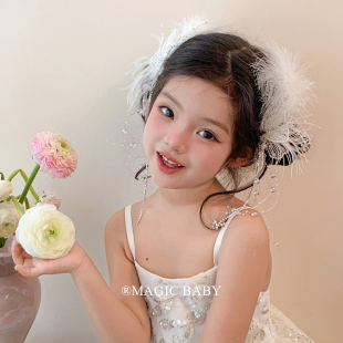 超仙白色羽毛流苏水晶发夹女童精致公主生日头饰表演夹子儿童发饰