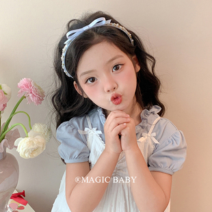 蓝色丝带蝴蝶结水钻发箍洋气儿童头箍不勒头发卡头饰生日女童发饰