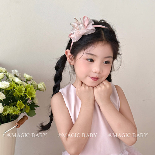 超仙粉色儿童网纱皇冠发箍立体甜美女童生日头饰小女孩表演发饰