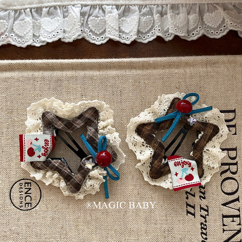 韩系格纹蕾丝蝴蝶结星星发夹女童圣诞节夹子侧边刘海夹头饰bb夹