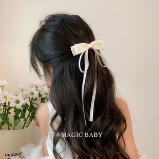 超仙米白色蕾丝爱心蝴蝶结飘带发夹儿童甜美气质发卡后脑勺夹子女