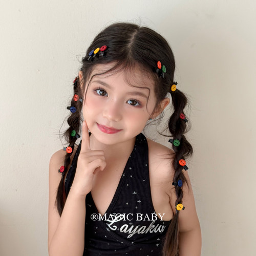 韩系可爱撞色纽扣发夹女童小号精致叠戴发卡甜酷风牛仔夹子头饰