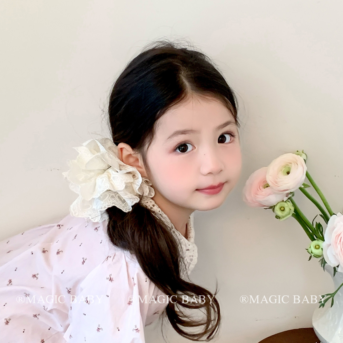 米白色法式床层蕾丝大肠发圈儿童大号头花女童韩系发绳低马尾发饰