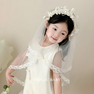 唯美超仙米白色网纱头纱发箍超仙花童婚礼配饰儿童生日表演头饰女